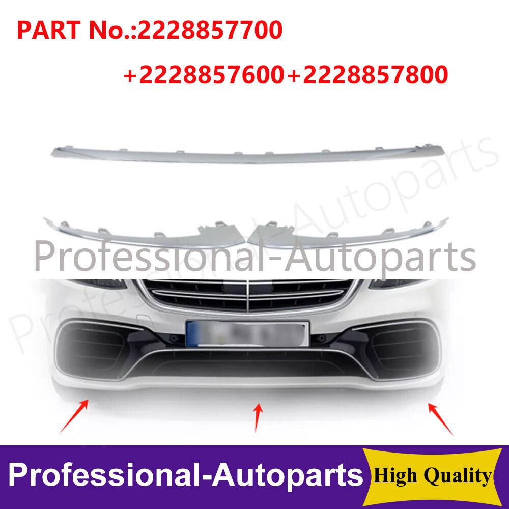 3Pcs Front Bumper Lip Trim Chrome Molding For 18-20 for Mercedes Benz W222 S450/560