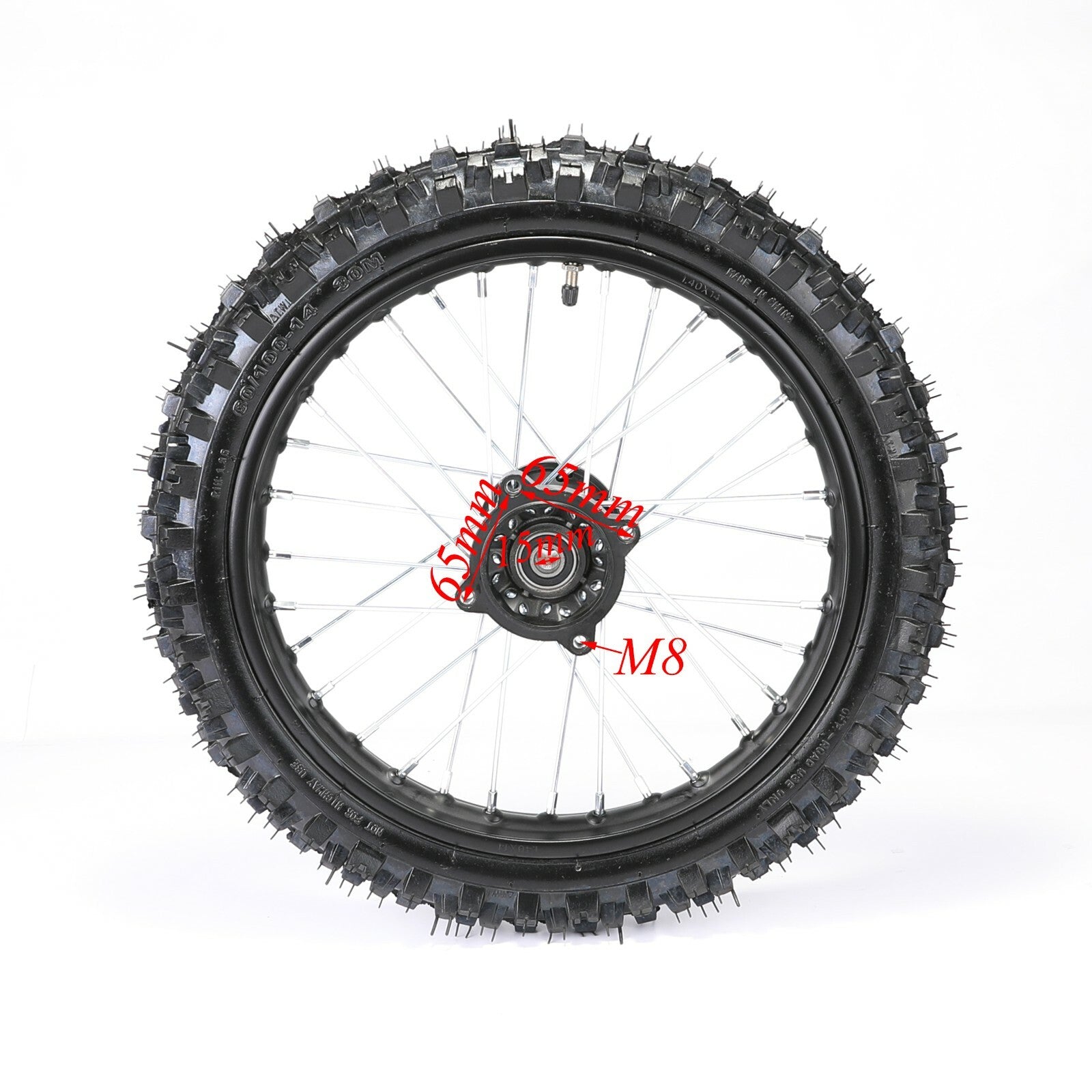 Front 60/100-14 and rear 80/100-12 tires and rims for the KX65 SSR 125cc CRF70 bicycle.