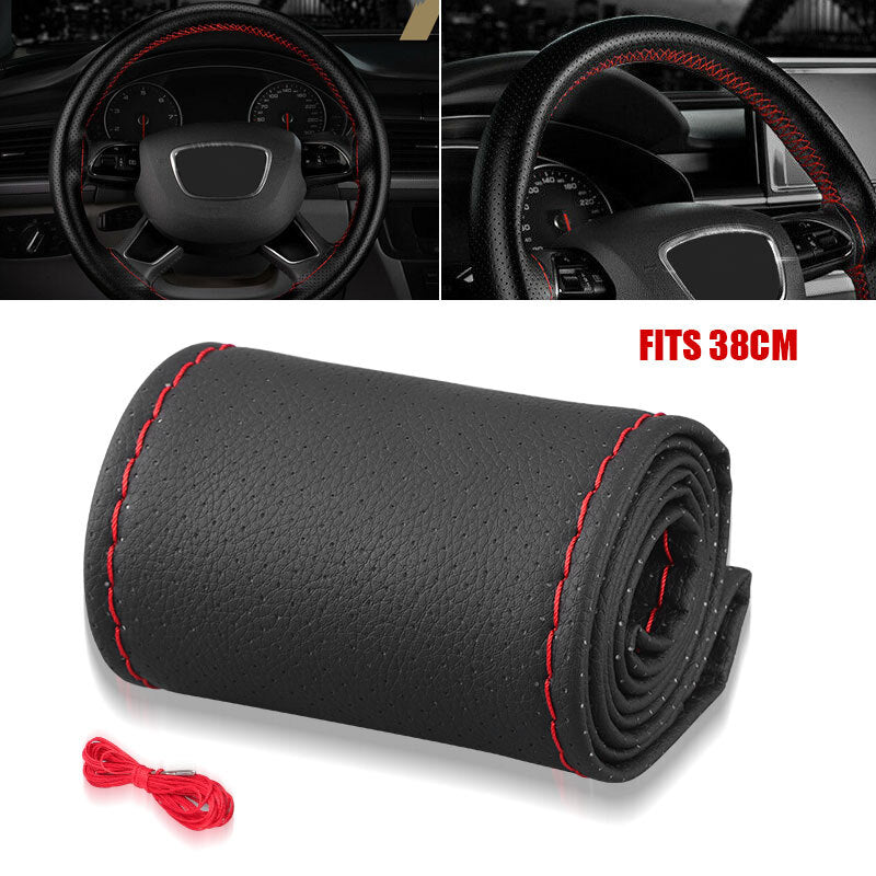 15 DIY Leather Car Steering Wheel Cover Needle Thread Antislip Black Universal