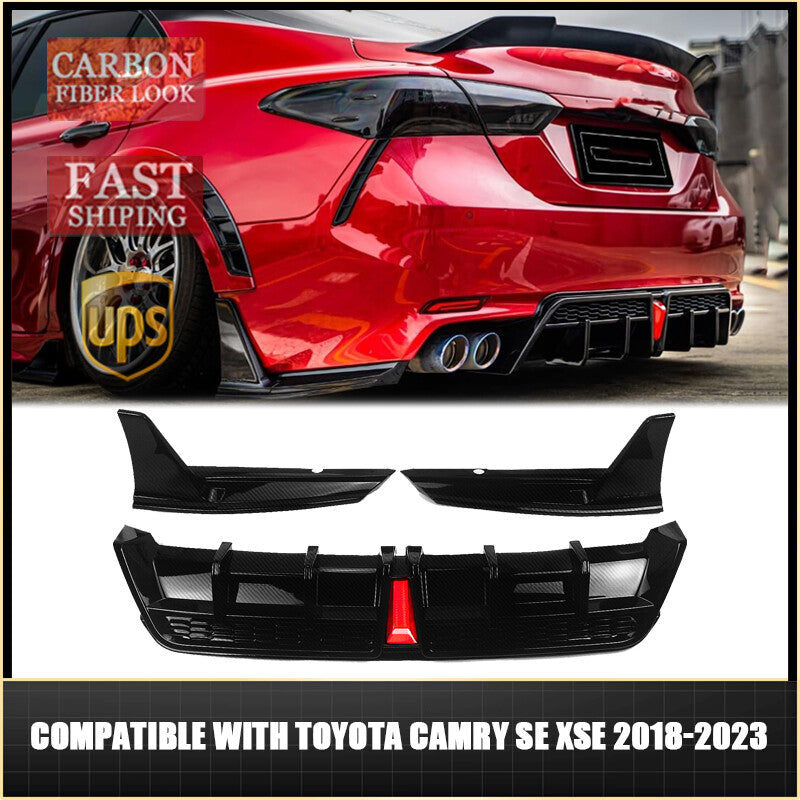 Carbon Style Rear Bumper Diffuser +Corner Extension for Camry SE XSE 2018-2023