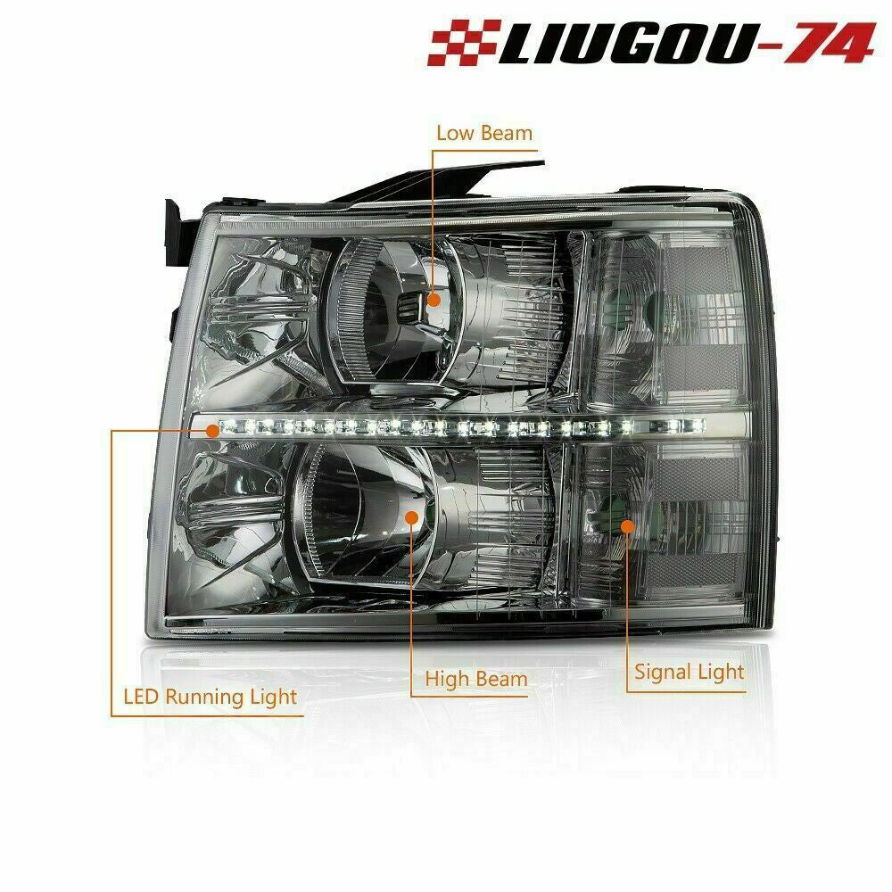 Suitable for 07-13 for Chevrolet Silverado LED DRL strip-shaped transparent lens chrome-plated headlight housing