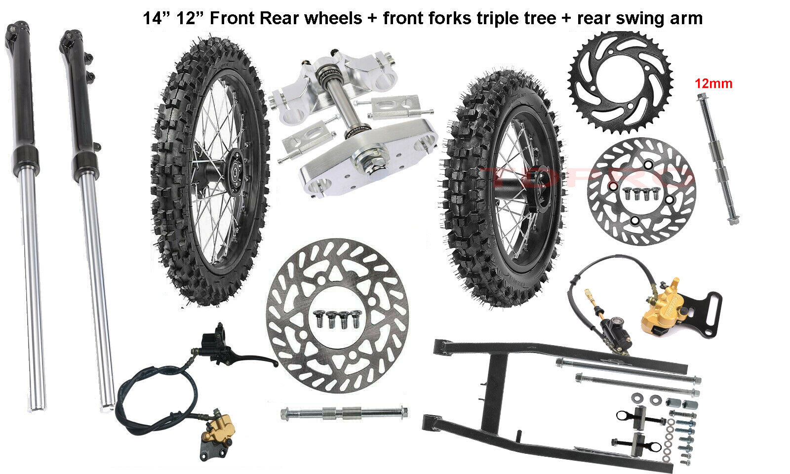 Front fork + rear swingarm + 14-inch/12-inch wheel kit 80/100-14 CRF70 XR