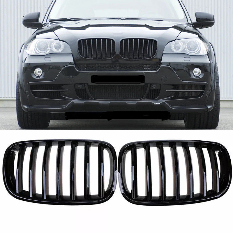 Pair Gloss Black Front Hood Kidney Grille Grill for BMW X5 X6 E70 E71 2007-2013