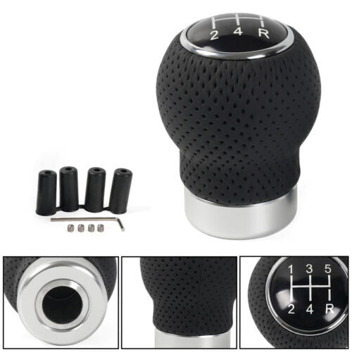 Black Leather Manual Automobile 5-Speed Gear Stick Shift Knob Shifter Lever Kit