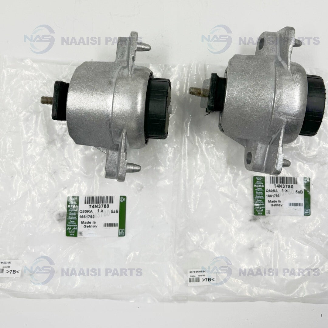Two engine motor mounts suitable for Jaguar XE X760 2.0L and 3.0L models, T4N3780, T4N3784, and T4N13011.