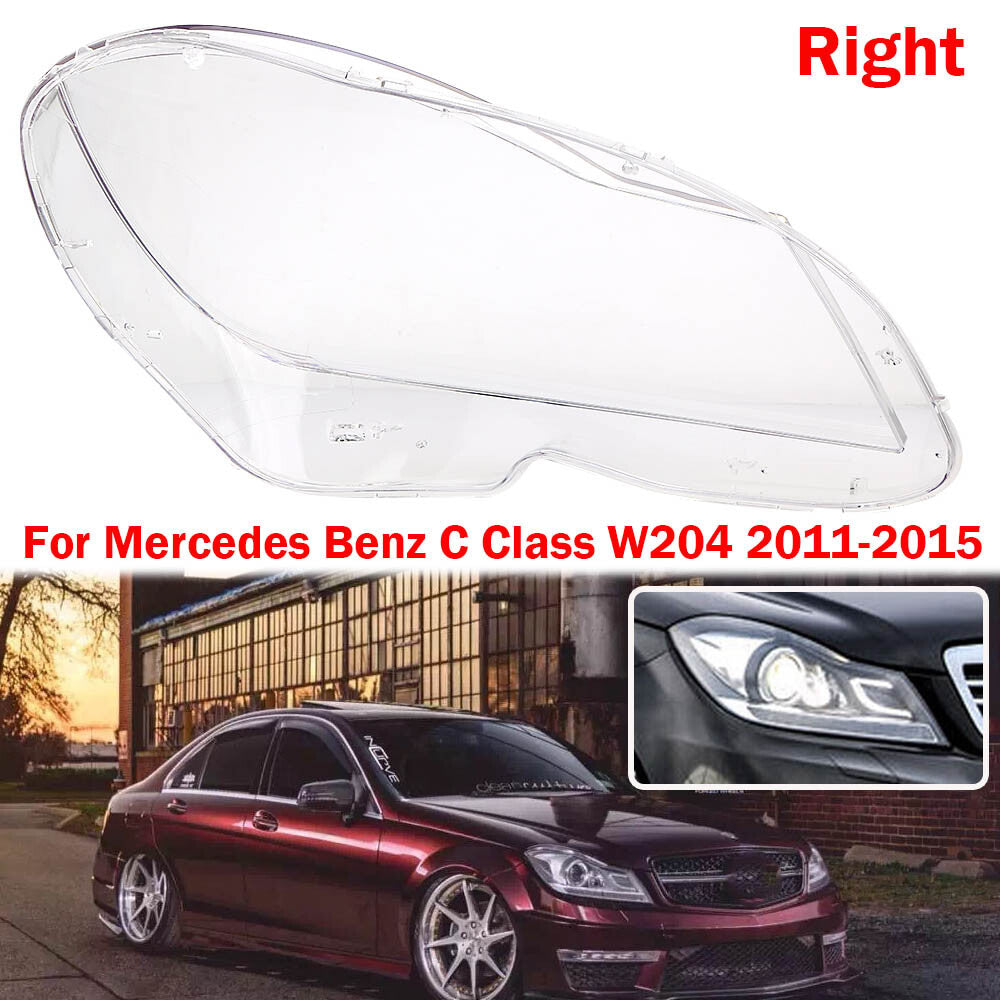 Right front headlight protective cover with transparent lens, suitable for Mercedes-Benz C-Class W204 (2011-2015).