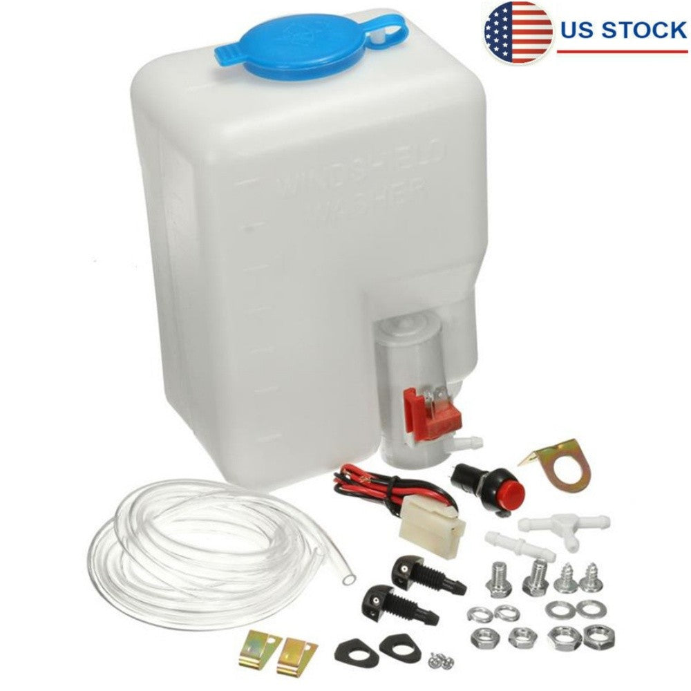 New 12V 1.8L Universal Windshield Washer Reservoir Pump Bottle Kit Hose Jets Set