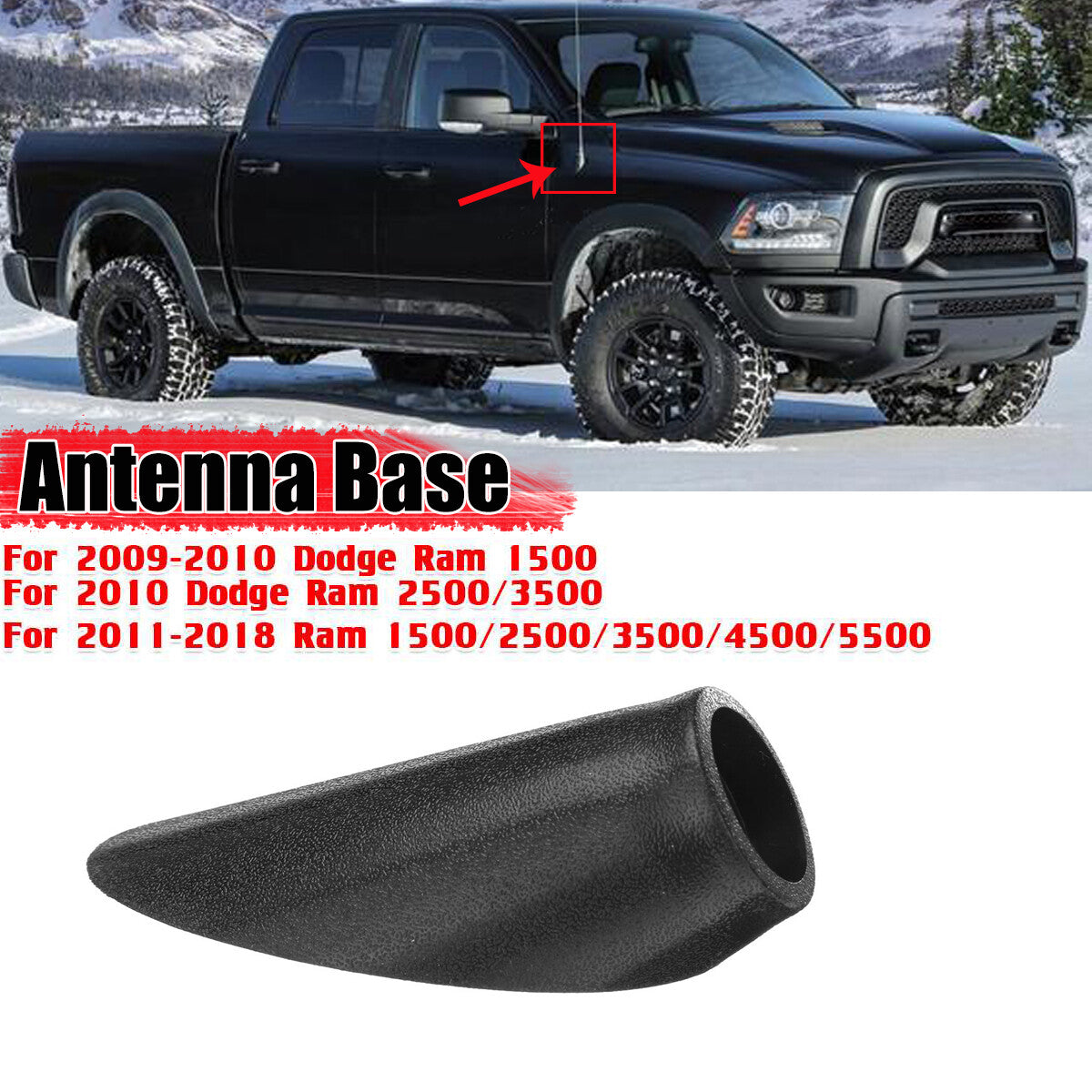 Black radio antenna mount adapter base for Dodge for Ram 1500 2500 3500 (2009-2017)