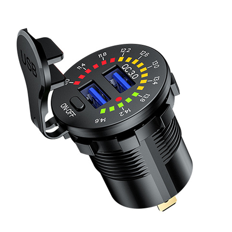 12V/24V QC 3.0 Car Charger Socket Dual USB Port Fast Charging With LED Voltmeter