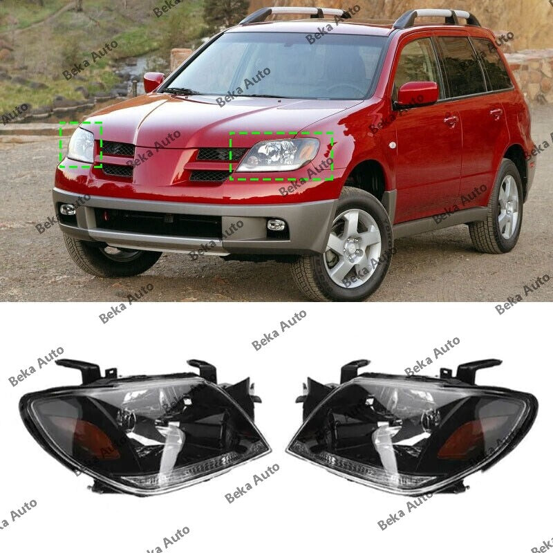 1 pair of LHRH headlight assemblies suitable for Mitsubishi Outlander 2003, 2004, 2005, and 2006 models.