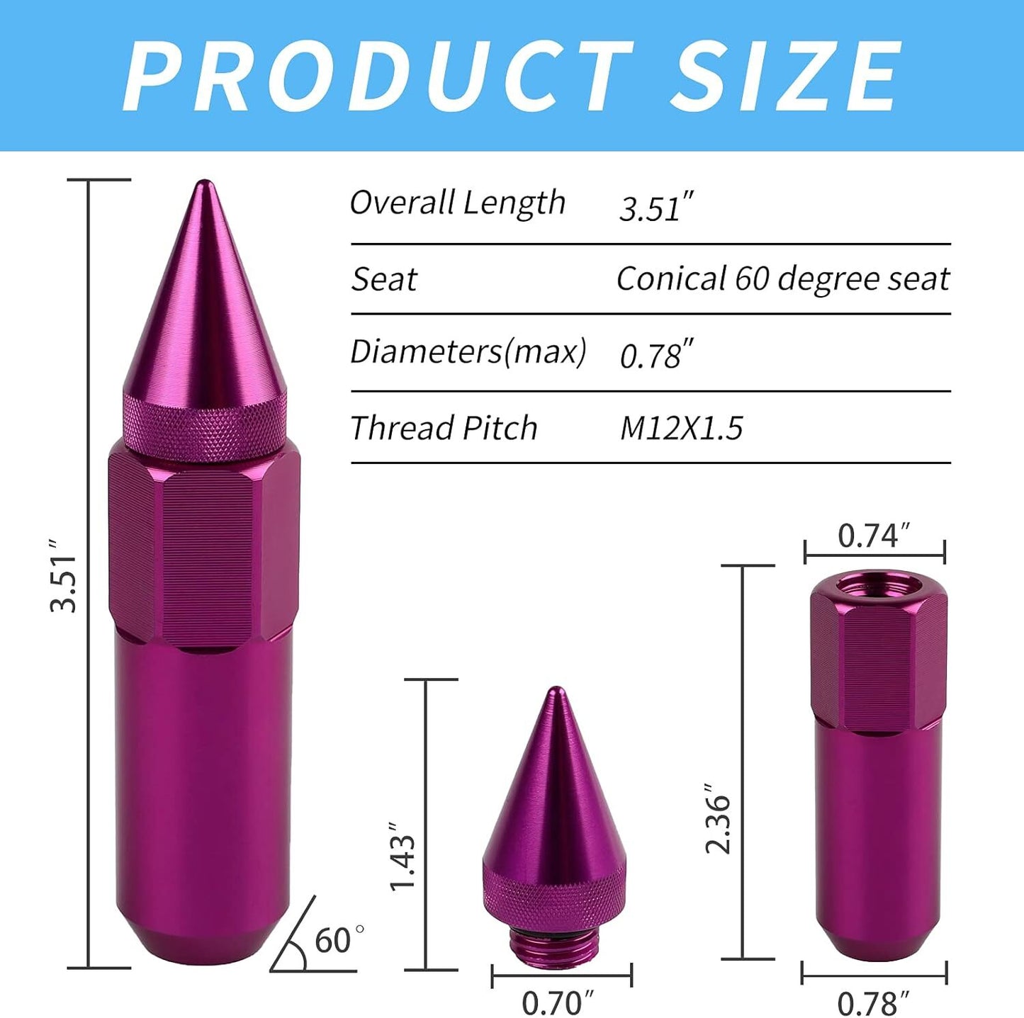 20Pcs M12X1.5 Spiked Nuts for Rims Aluminum Extended Lug Nuts 60MM Purple