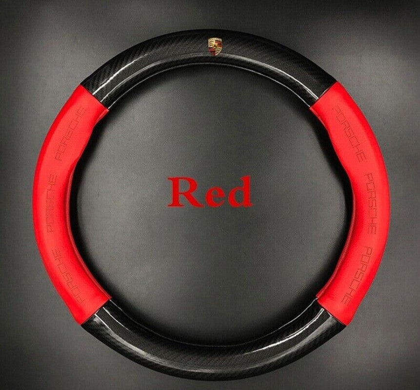 Red 15-inch leather car steering wheel cover for Porsche