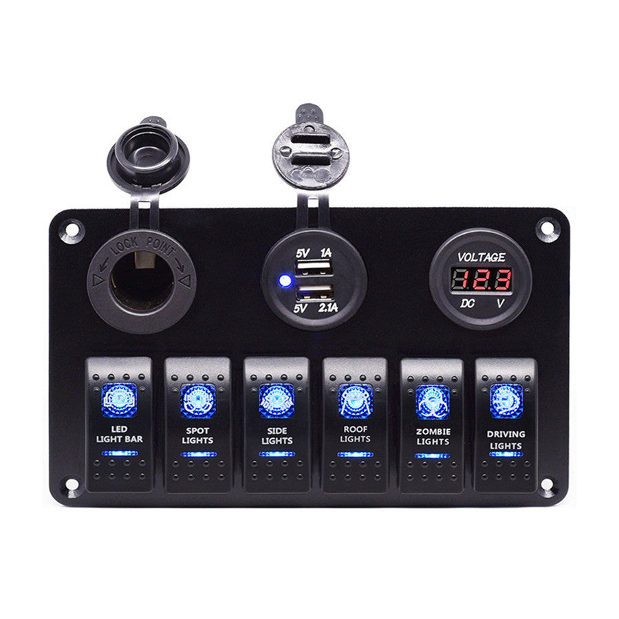 Dual USB Socket Red Voltmeter 12V Car Boat 6 Gang Button Panel Cigarette Lighter