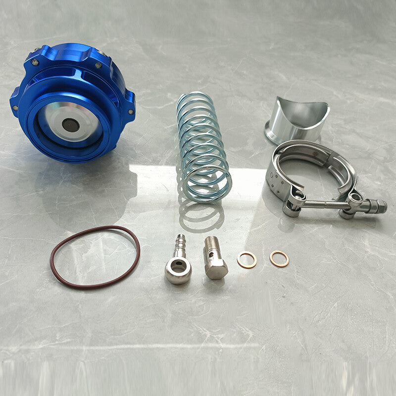 Blue Universal 50mm Blow Valve (BOV) with V-band Flange Clip, Spring, and O-ring Kit