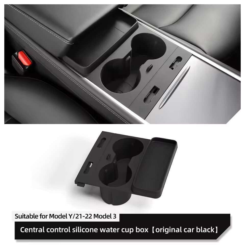 for Tesla for Model Y /3 Central Control Storage Box Cup Holder Drinks Black