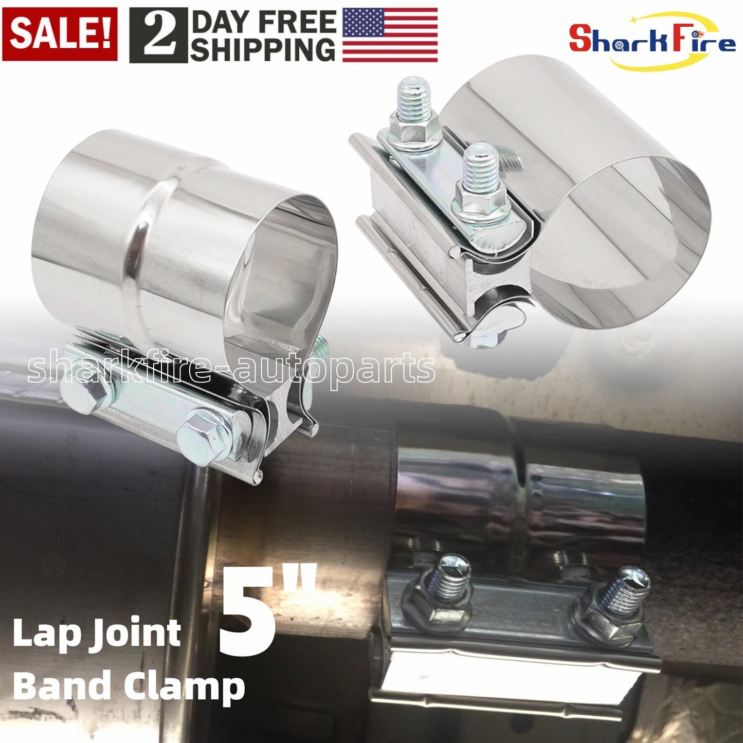2x5 inch exhaust clamps, exhaust clamps with 5-inch ring connectors, exhaust pipe clamps