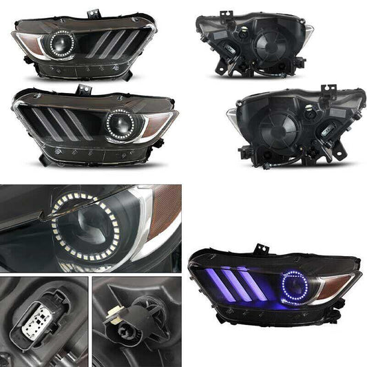 for Ford for Mustang LED Colorful Headlight Projector Angel Eye Halo Rings DRL 15-17