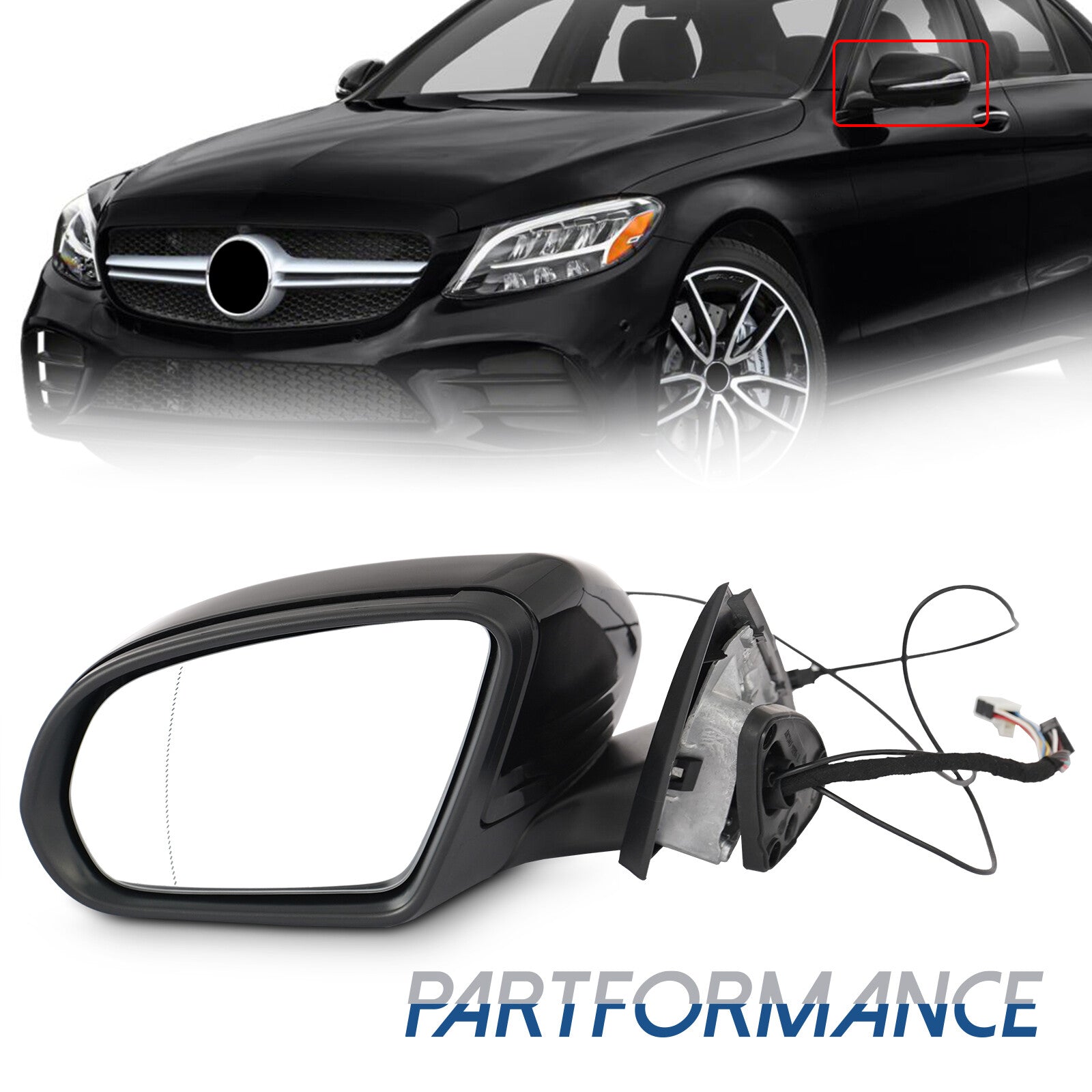 The black left-hand side mirror is suitable for 2015-2021 for Mercedes C250, C300, C350, and C63.