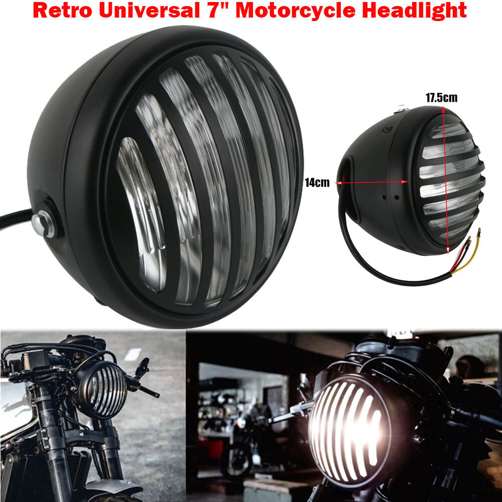 7 Headlight Motorcycle Motorbike LED Front Light Headlamp Universal+Grill Black
