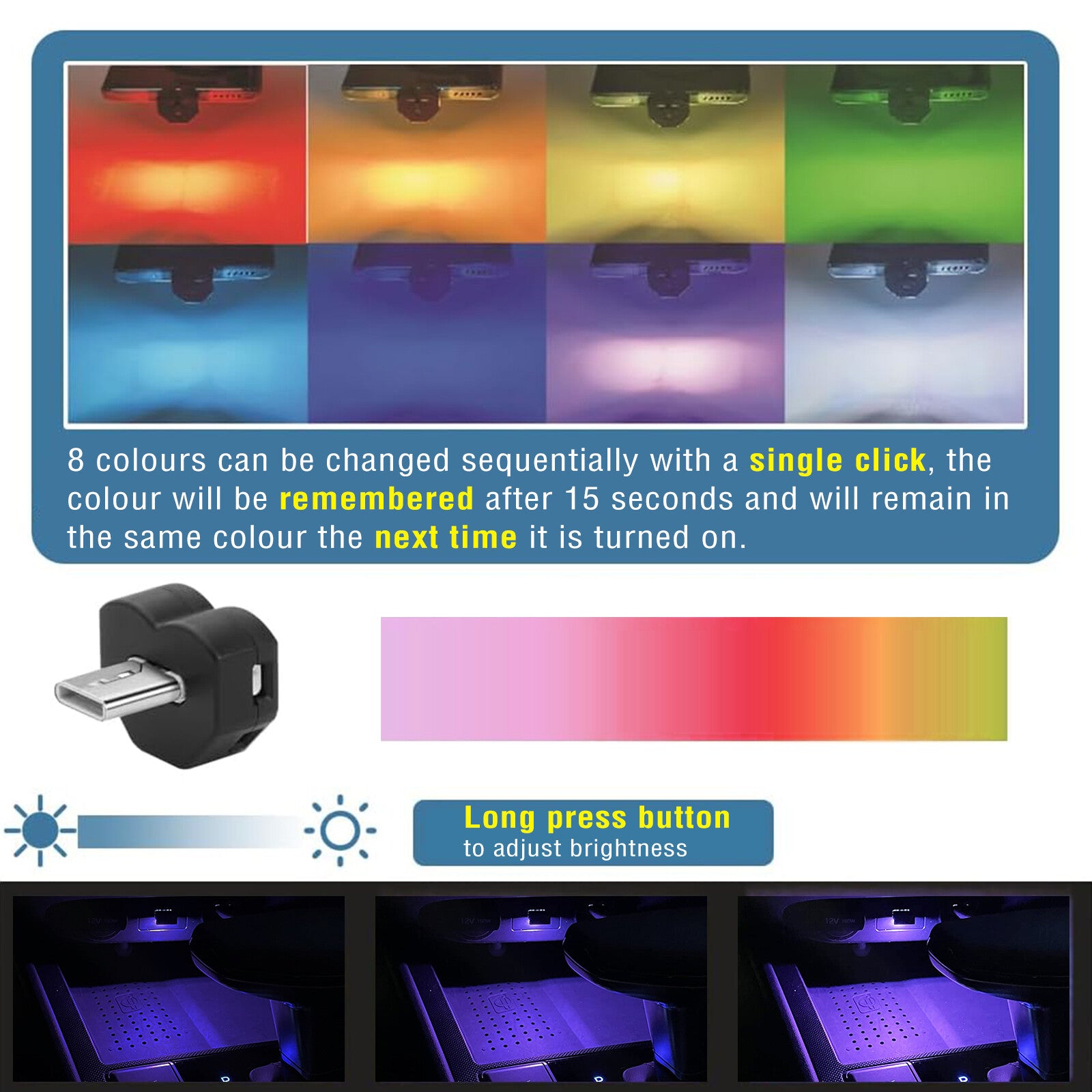 2X for Mini USB LED Light Car Interior Atmosphere Ambient Lamp 8 Gradients