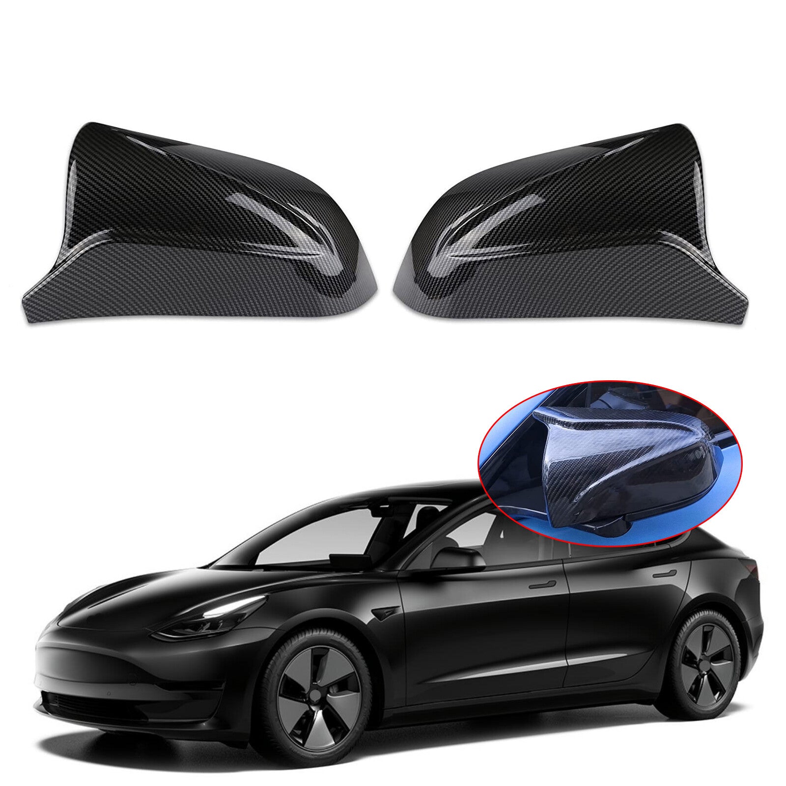 2x Rearview Wing Door Side Mirror Cover Cap Carbon Fiber for Tesla Model 3 17-20