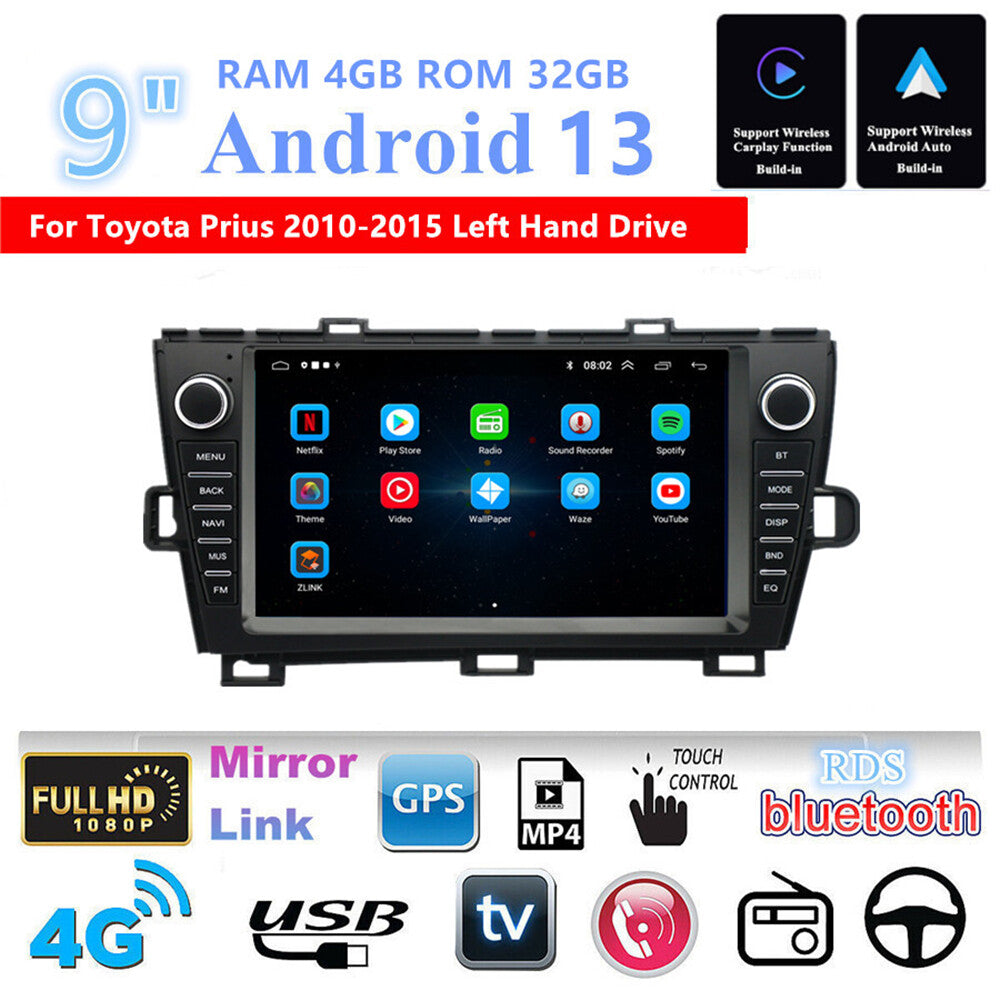 9Android 13 Support Carplay 4+32GB Car Radio GPS for Toyota Prius 2010-15 LHD