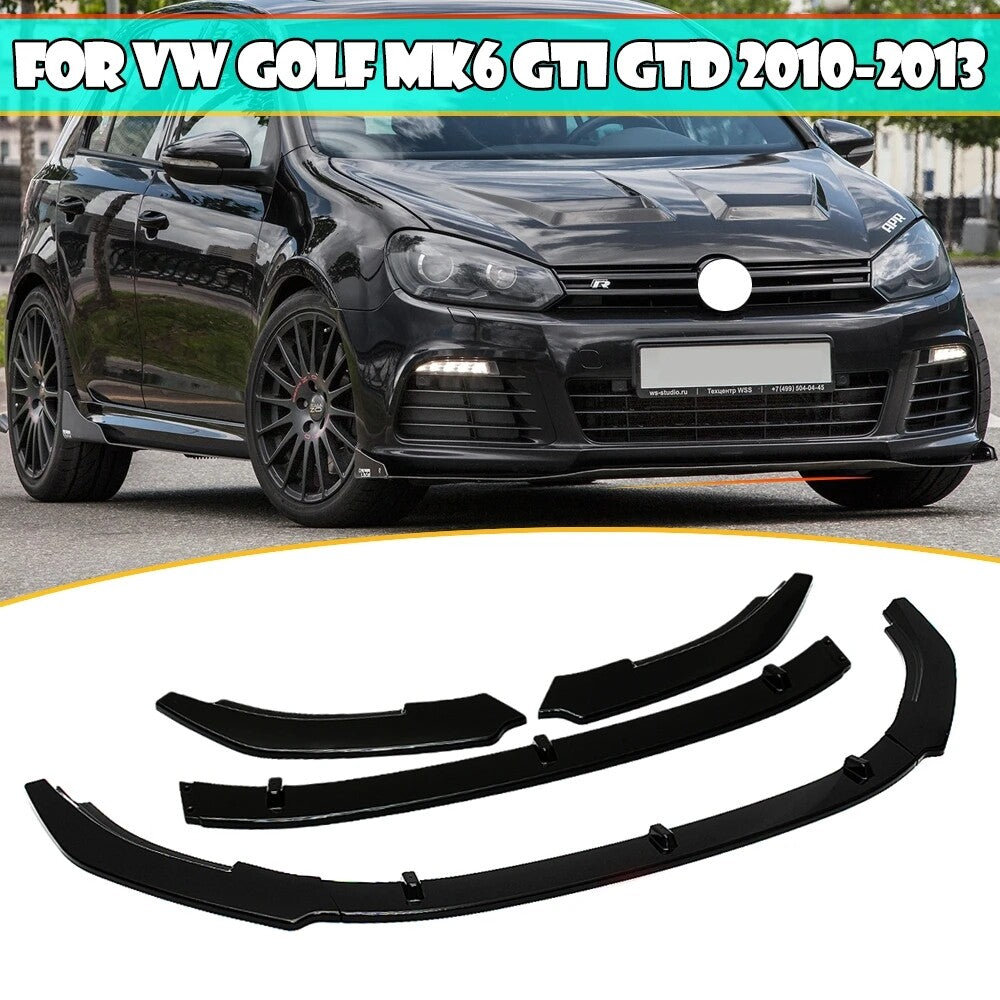for VW MK6 GTI GTD 2010-13 3pcs Black Front Bumper Lip Splitter Chin Spoiler