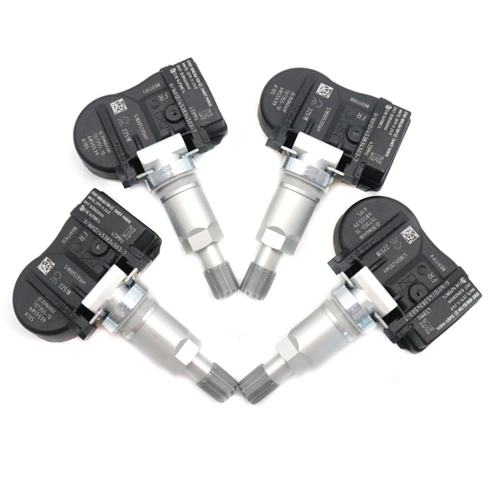 new 4-piece TPMS tire pressure sensor kit (model 6855539) for BMW 2 Series, 3 Series, 4 Series, i3, i8, X1, X2, X5.