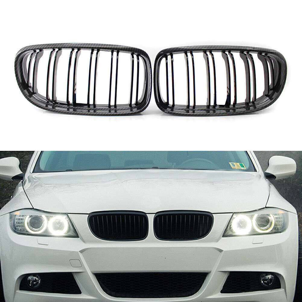 for BMW E90 E91 2009-2012 325i 328i Double Slat Front Kidney Grille Carbon Fiber