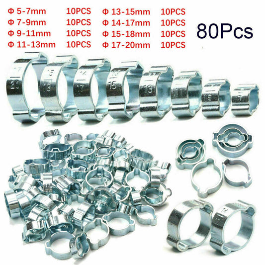 80X Double Ear Clamps O Clips-Crimp O-Clip Air Silicone Petrol Fuel Hose Pipe
