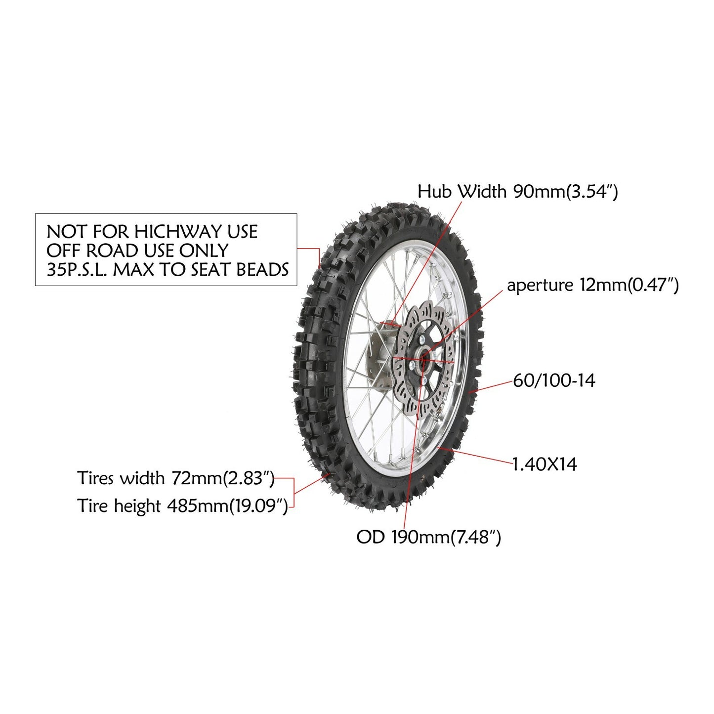 14-inch front wheel 60/100-14 rim assembly for Pit Dirt bicycle Apollo SSR 125 110