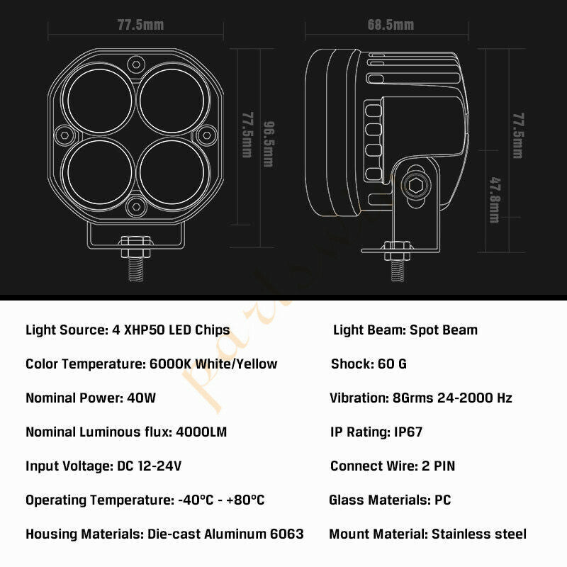 4x3 inch 40W LED light strips available in stock. Yellow fog cabin for off-road all-terrain vehicles, SUVs, and trucks (4WD).