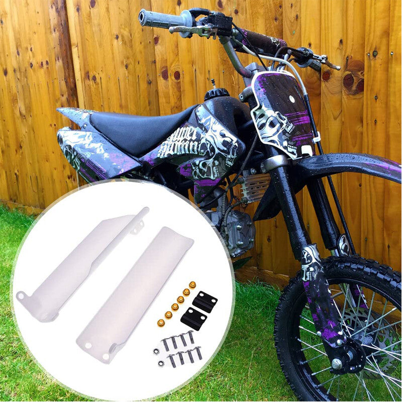 A pair of 270mm front fork guards and fender covers suitable for 125cc, 140cc, and 160cc motorcycles and bicycles.
