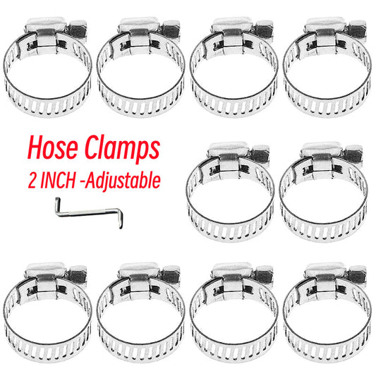 10-pack of adjustable hose clamps, worm gear 2-inch hose clamps, fuel line clamps