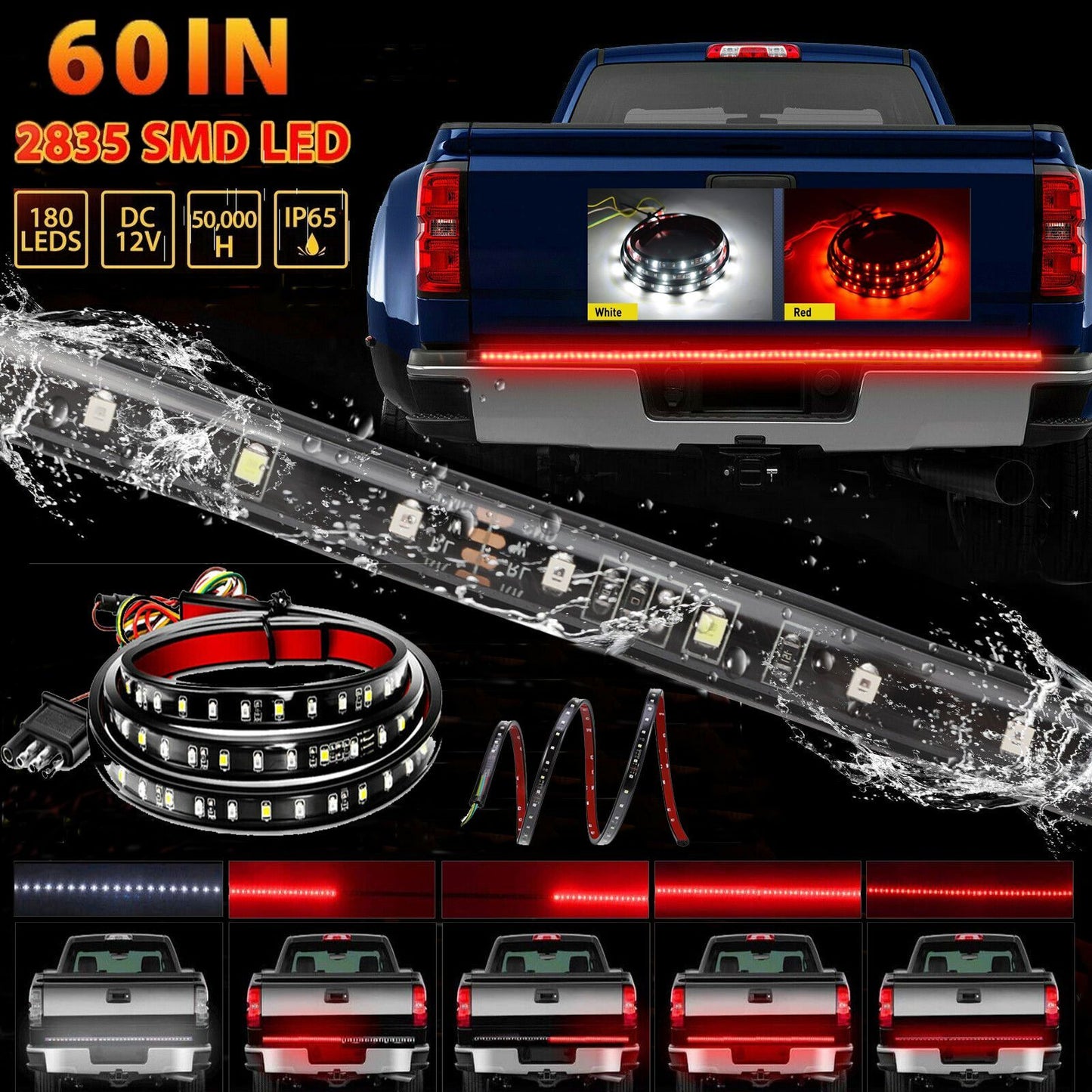 60-inch LED tailgate light bar with reverse brake signal for Chevrolet,for Ford,and for Dodge trucks.