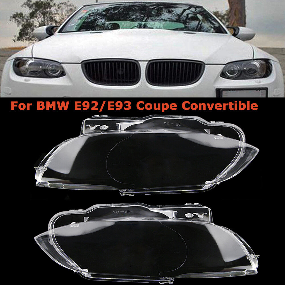 A pair of transparent headlight lens protective covers for BMW E92, E93, Coupe, and M3 (2006-2010).