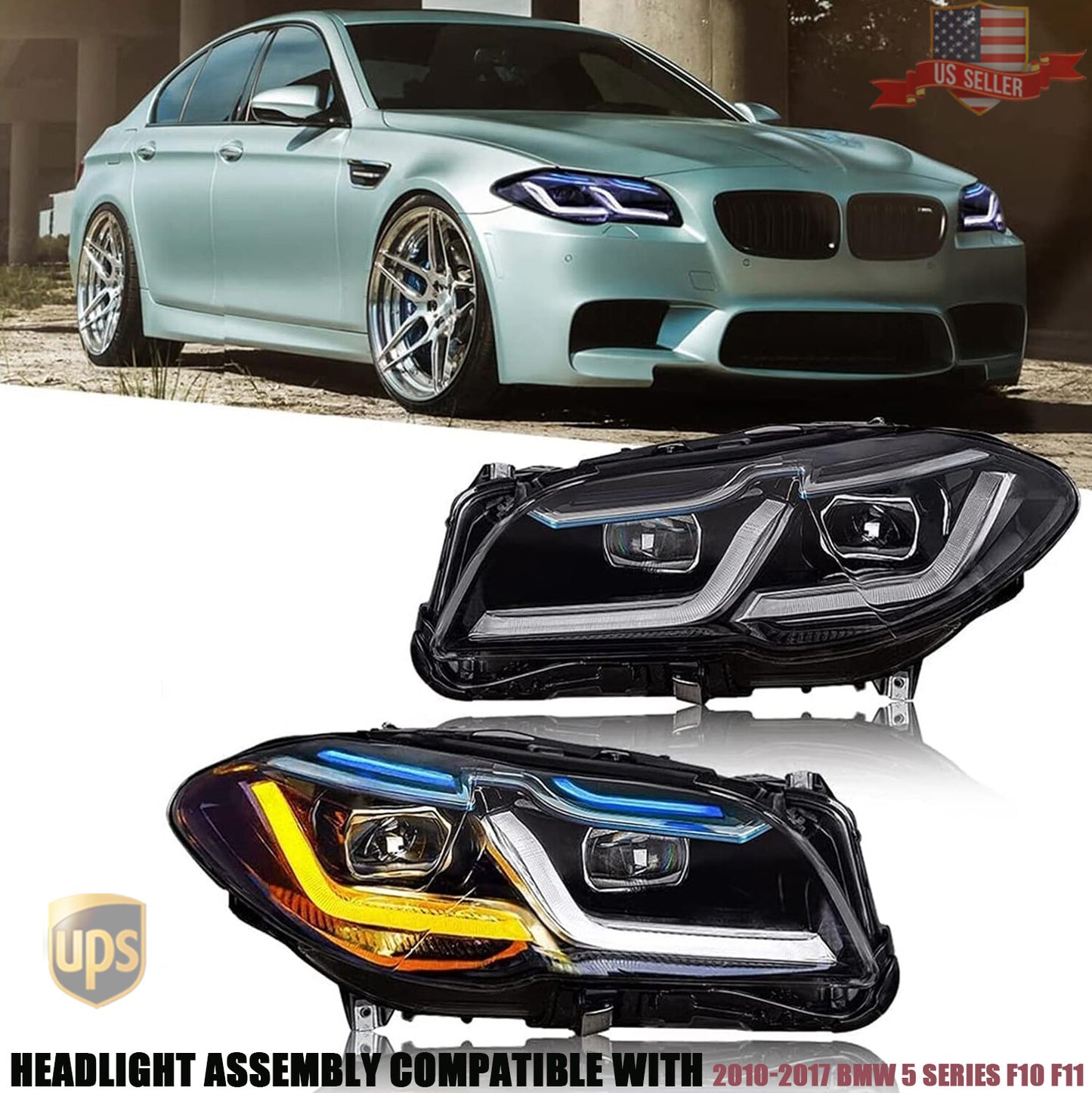 Pair LED Headlights Assy Upgrade For 2010-17 for BMW 5 Series F10 F11 Xenon/Halogen