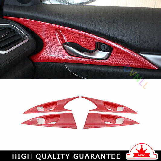 Inner Door Handle Bowl Cover Trim 4 for Honda for Civic 2016-2021 Red Carbon Fiber