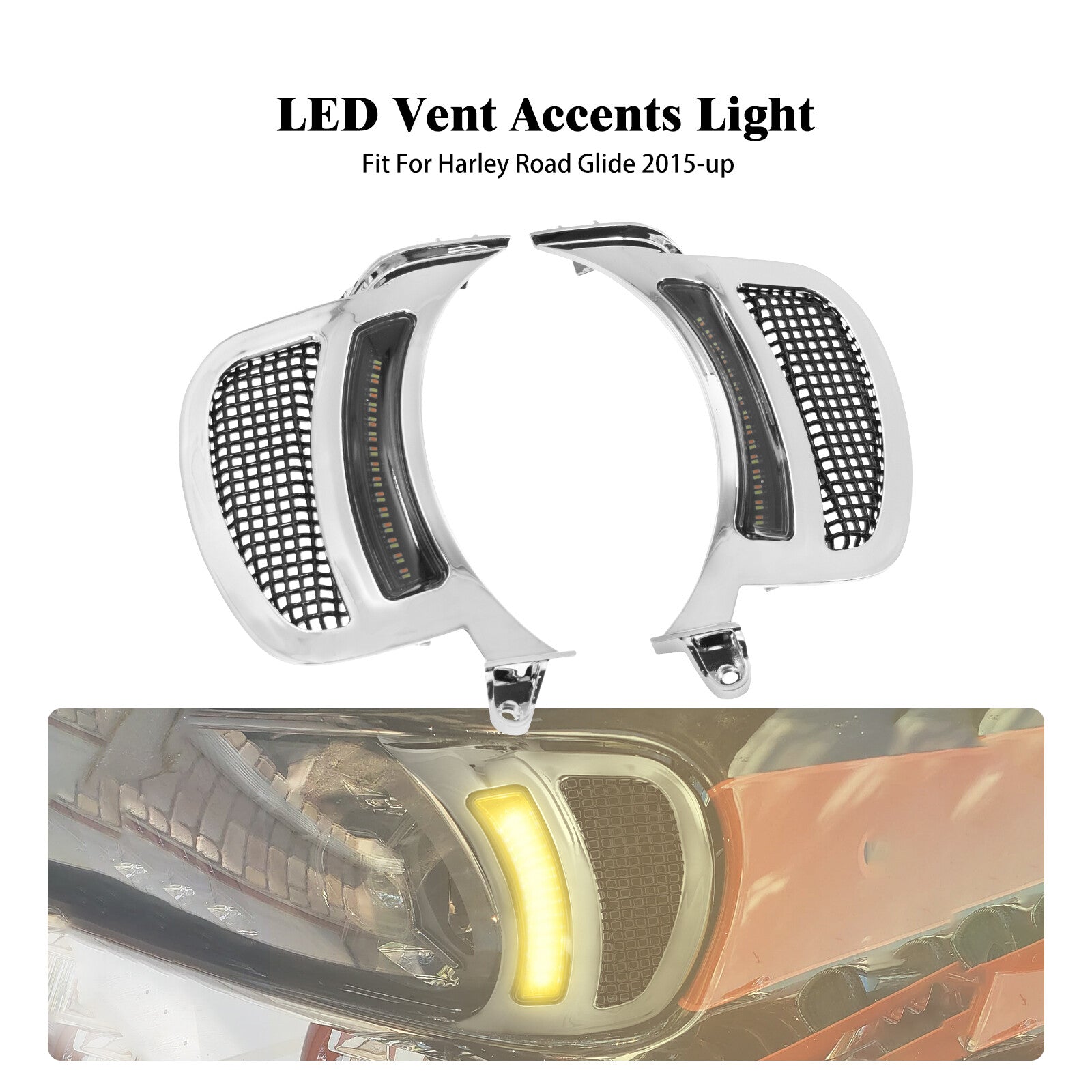 Chrome Headlight Vent Accent w/ Black Grille LED Light Fit for Harley Road Glide