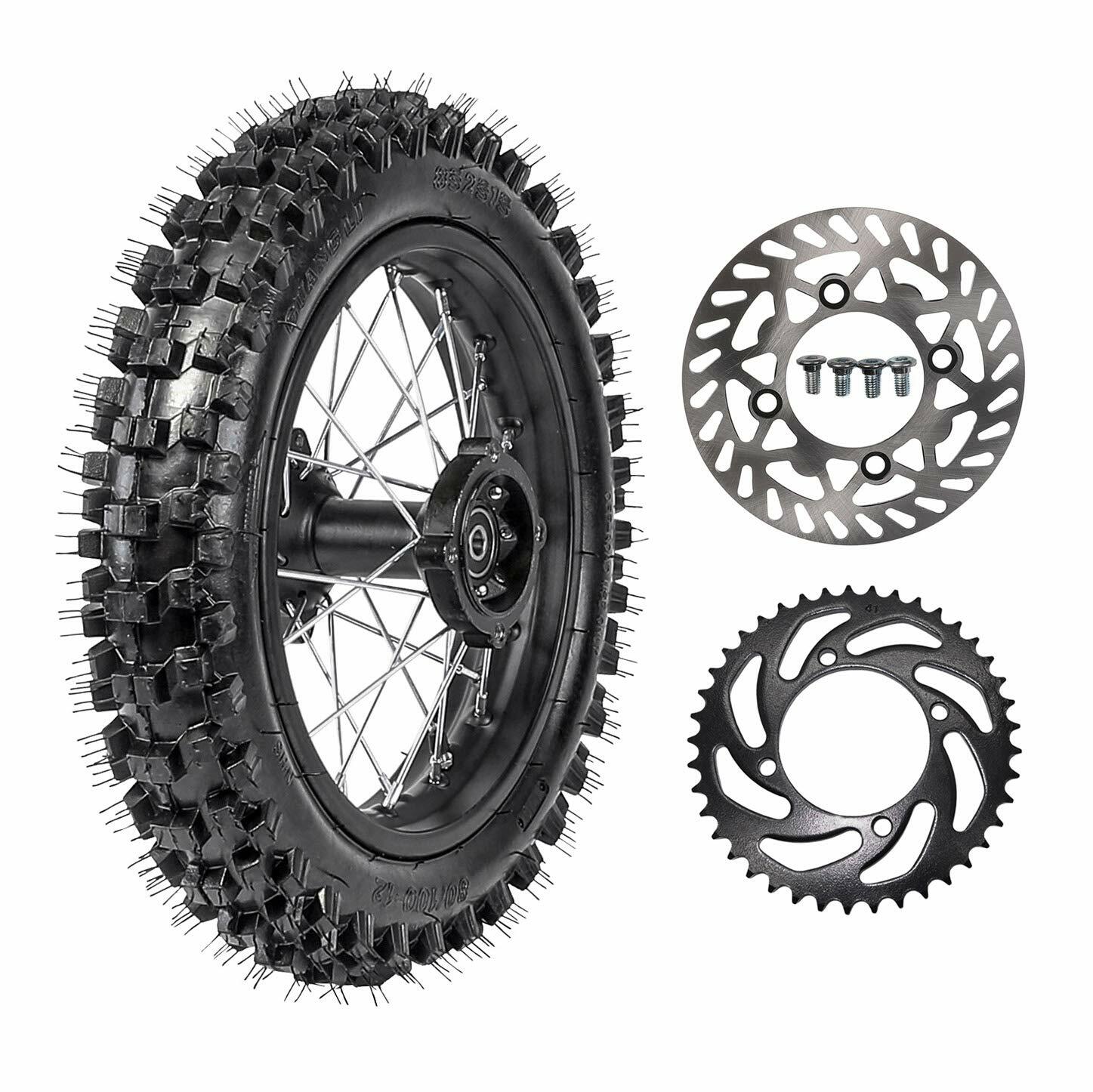 12-inch rear wheel with 80/100-12 tire and rim suitable for pit bikes CRF50, XR70, KX65, SSR, 110cc, 125cc.