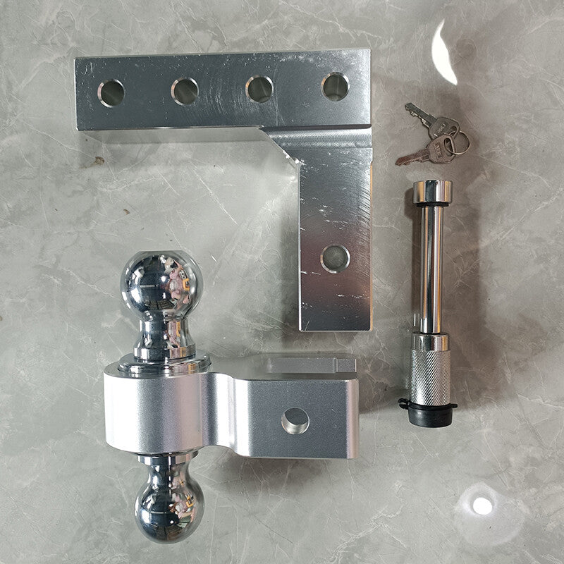 Silver adjustable trailer hook, double ball mount, fits 2-inch receiver, 6-inch drop hook.