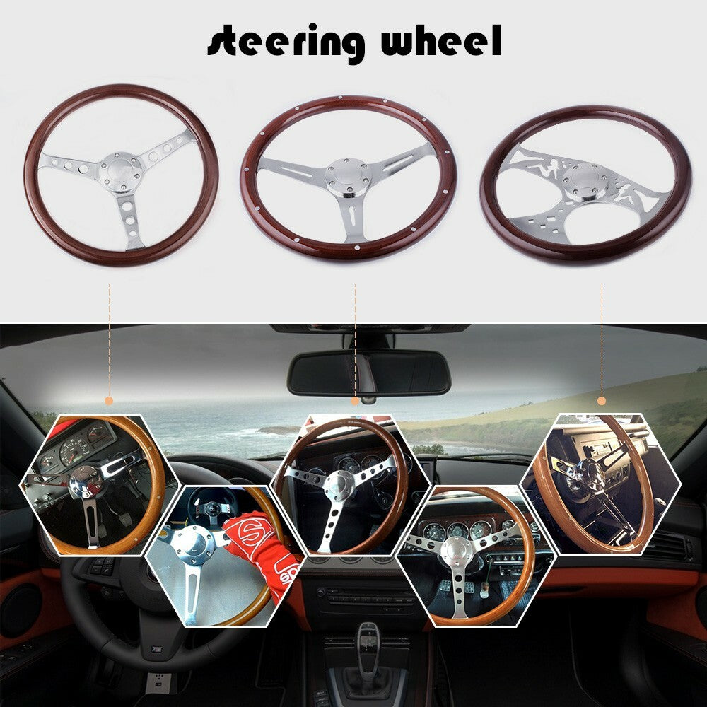 15 Classic Wood Grain Deep Dish with Hollow Angel Steering Wheel 6 Hole 380mm