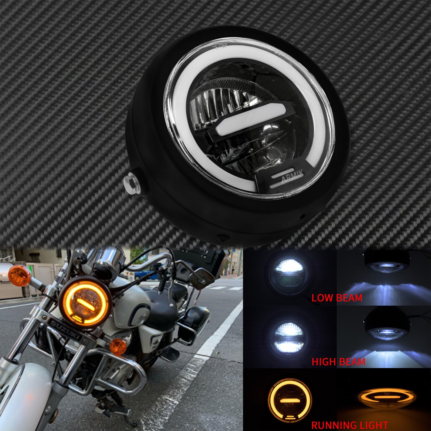 6.5 Universal Motorcycle LED Halo Headlight Amber Fit for Harley Cafer Racer