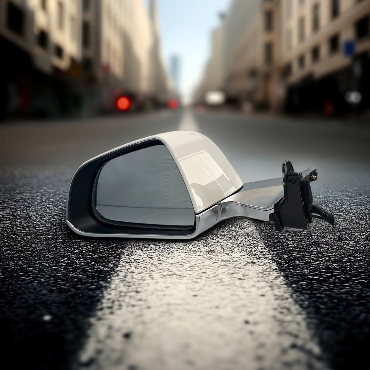 White left driver's mirror suitable for Tesla Model 3 2017, 2018, 2019, and 2020 models with heated and folding power windows.