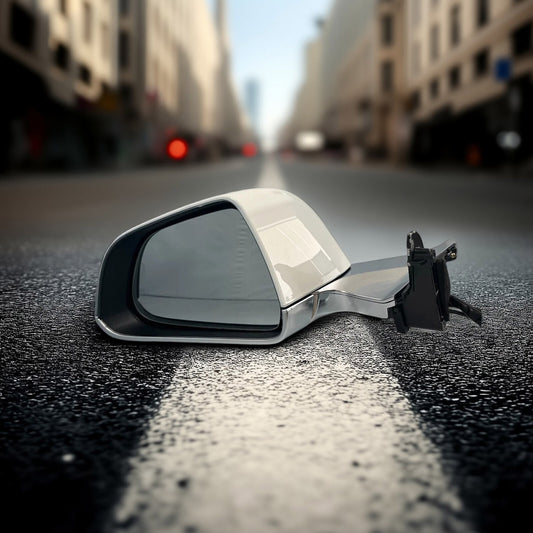 White left driver's mirror suitable for Tesla Model 3 2017, 2018, 2019, and 2020 models with heated and folding power windows.