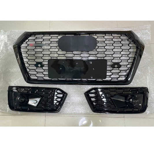 for Audi Q5 2018-2020 Front Honeycomb Grille+Fog Light Lamp Cover Grill Black