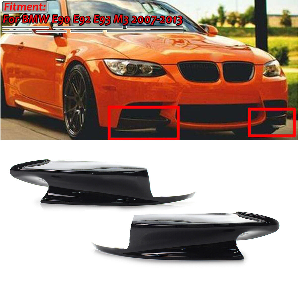 Front Bumper Lip Splitters Spoiler Glass, Black, for BMW E90, E92, E93, M3 (2007-2013).