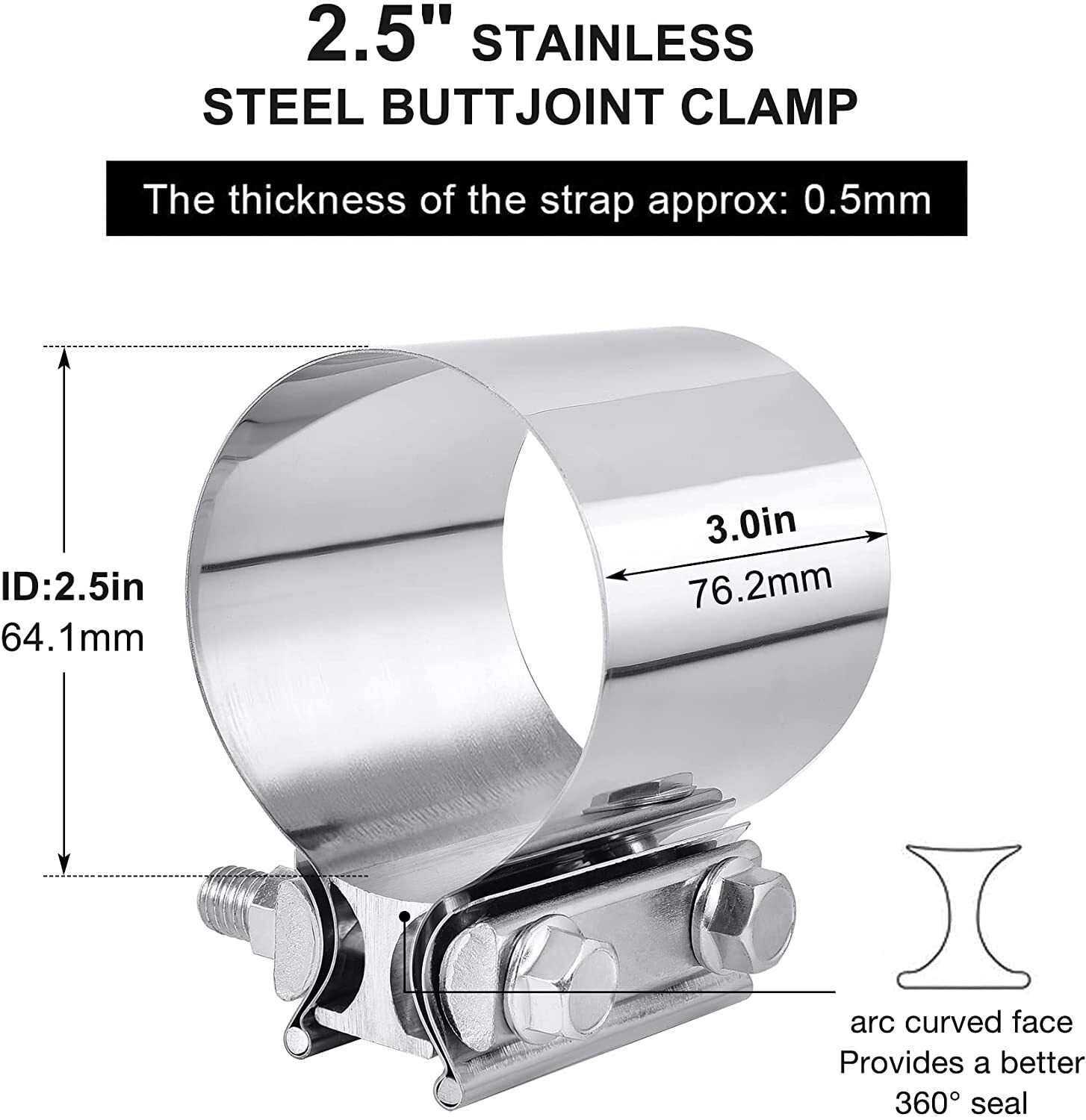 2 x 2.5-inch (2 1/2-inch) Butt Fittings with Clips - T304 Stainless Steel Exhaust with Clips