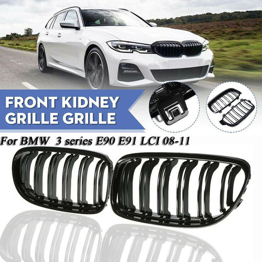 Left and right front bumper kidney grilles for BMW 3 Series E90 E91 LCI, gloss black.