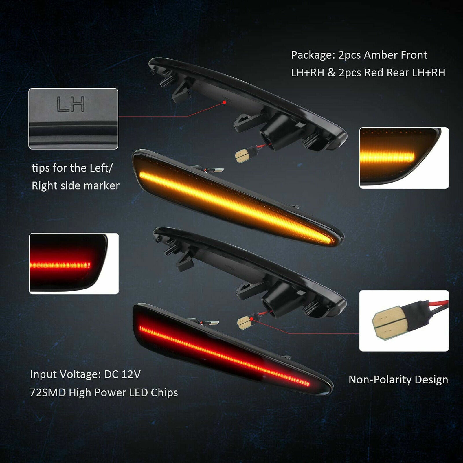 Four smoked-lens LED front and rear marker lights for 2005-13 for Chevrolet for Corvette C6
